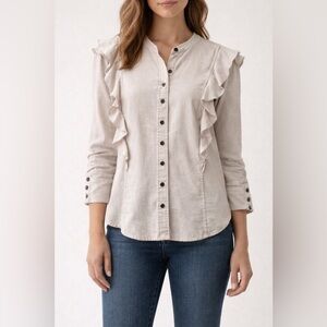 French Connection Ruffle Blouse Size 12 Ivory Boho Romantic Button Front Top